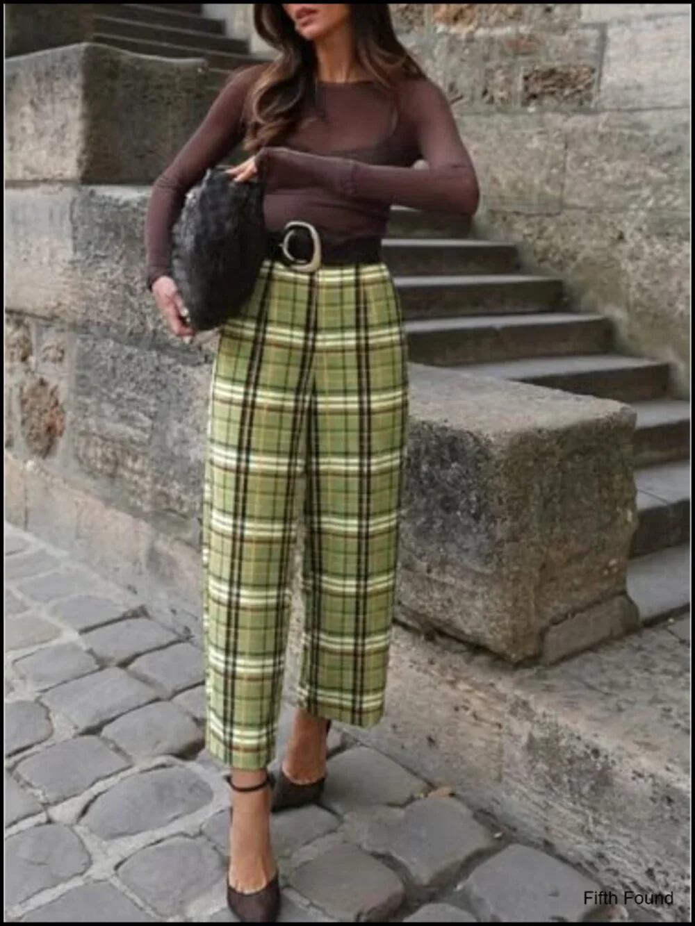 Wide Leg Palazzo Pants with Elastic Waist and Plaid Pattern